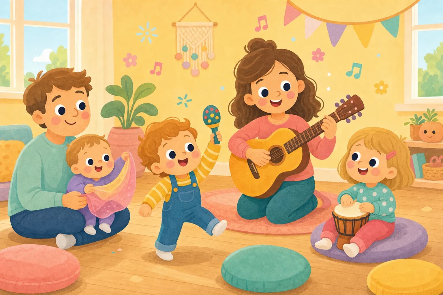 Cartoon illustration of a music room with a baby on a parent's lap, a toddler marching with a shaker and a preschooler playing a drum beside a smiling teacher