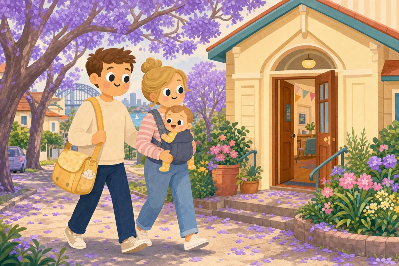 Cartoon illustration of new parents with a baby in a carrier walking along a leafy Sydney street lined with purple jacaranda trees towards a little community hall