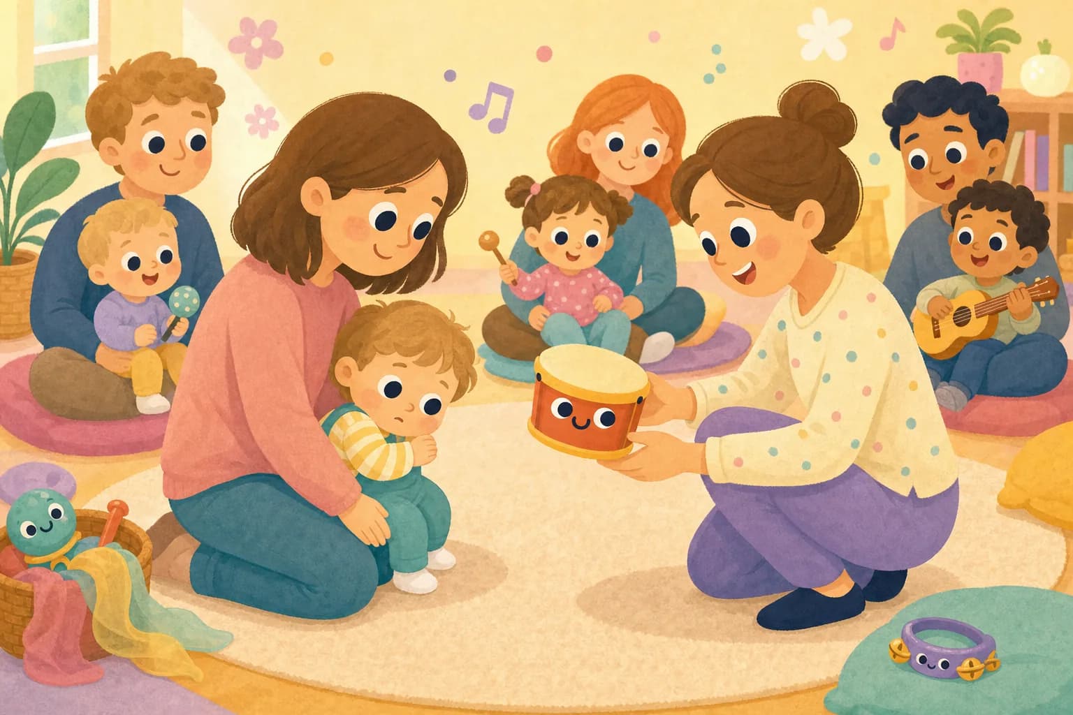Cartoon illustration of a shy toddler peeking out from behind a parent's leg while a kind teacher gently offers a small drum, with other children sitting in a circle behind